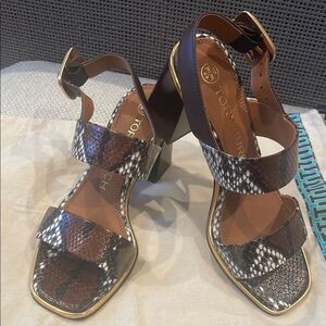 Tory Burch Brown and Black Snakeskin Chunky Heeled Sandals